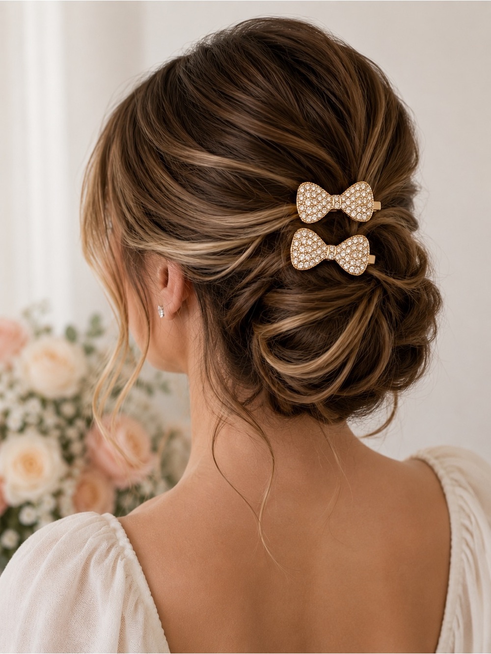 Rhinestone Bow Hair Clip Set Gold Crystal Bridal Flower Girl Hair Accessories - Picture 4 of 5